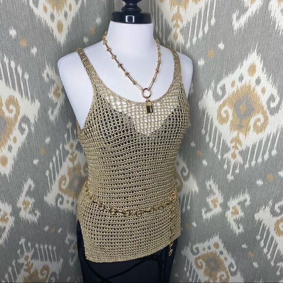 Ralph Lauren Gold Lame Open Hand Knit Mesh Sleeveless Scoop-neck Tank Sweater - Picture 3 of 16